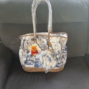 Disney Blue and White Toile Tote with Tan Trim